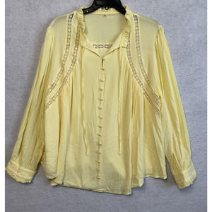 Design In Italy Blouse Womens 2XL Yellow Button Lace Boho Long Sleeve Top